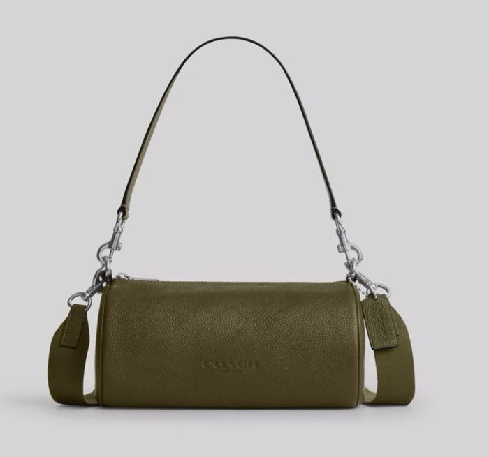 B16-003 NWT Coach Andre Barrel Bag 24 Olive Green Pebbled Leather