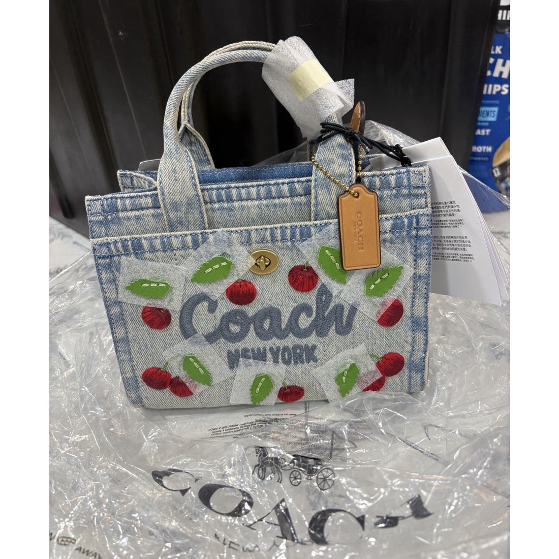 B17-008 NWT Coach Cargo Tote Bag 20 with Cherry Embroidery CDY91 Denim Multi