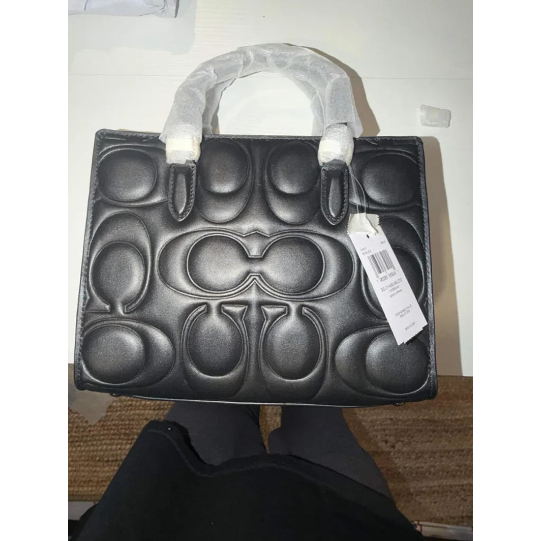 B7-015 NWT Coach Maggie Small Tote in Black Signature Embossed Leather with Gold Charms