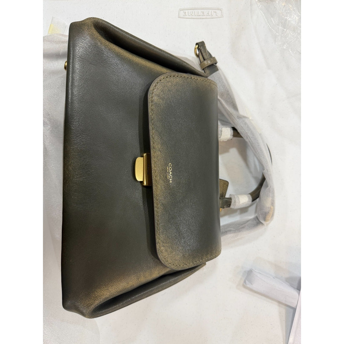 B3-007 NWT Coach Loved Leather Rogue 31 Bag in Brass Green Full-Grain Leather CEN47