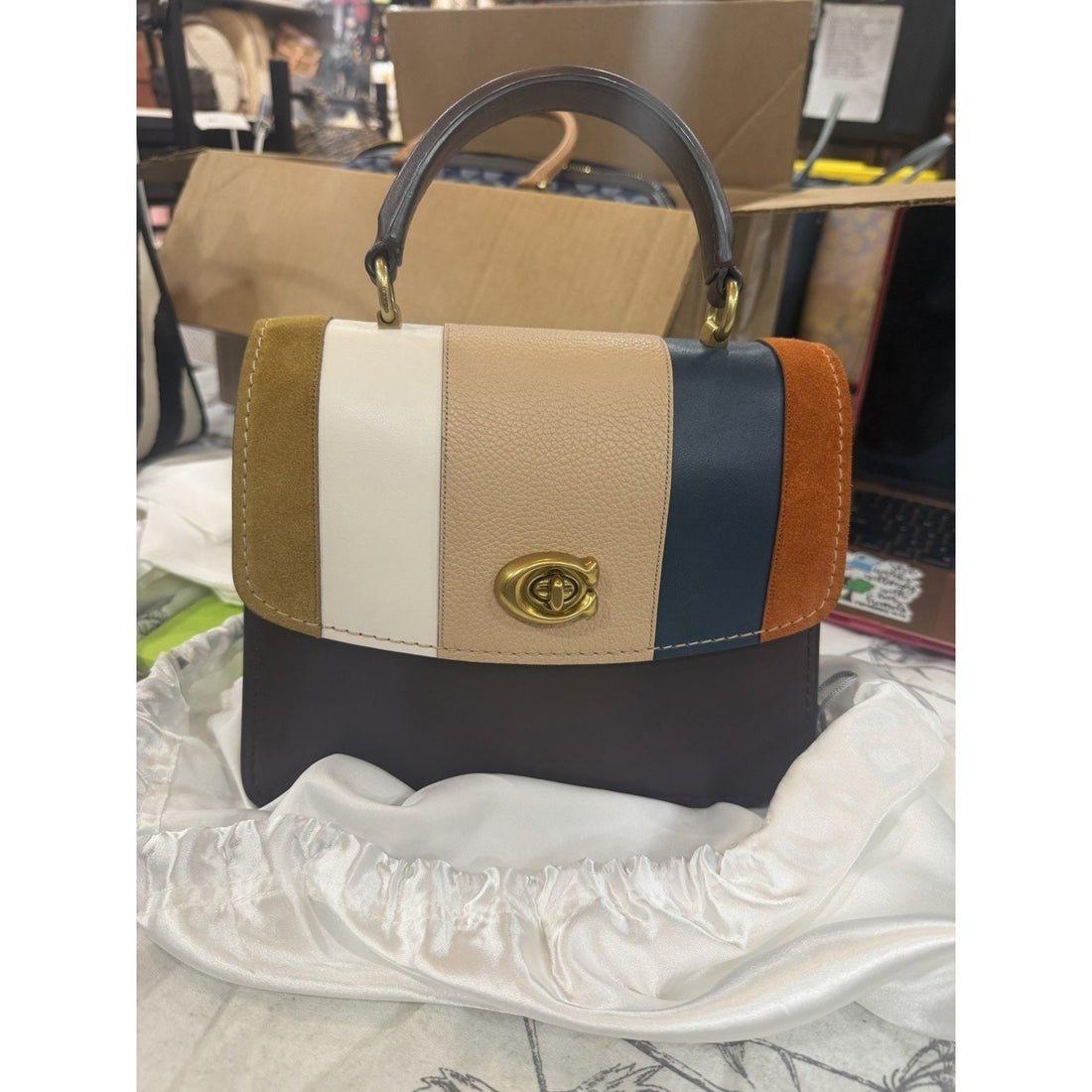 B3-003 Preloved Coach Parker Top Handle with Patchwork Oxblood Leather Bag 76084