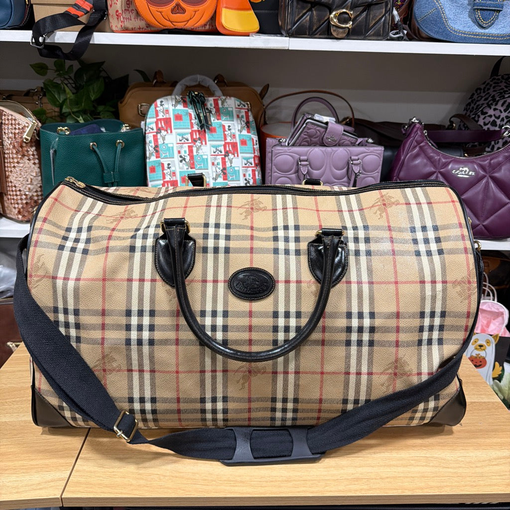 Vintage Burberrys Haymarket check Boston duffle bag front with shoulder strap