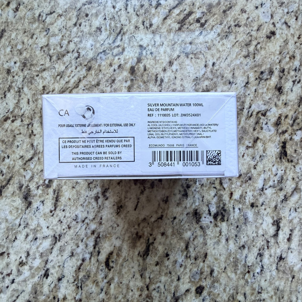 Creed Silver Mountain Water box label Ref 1110035