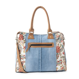 M05 Myra Denim and Floral with Leather Trim Crimson Glade Tote with Crossbody