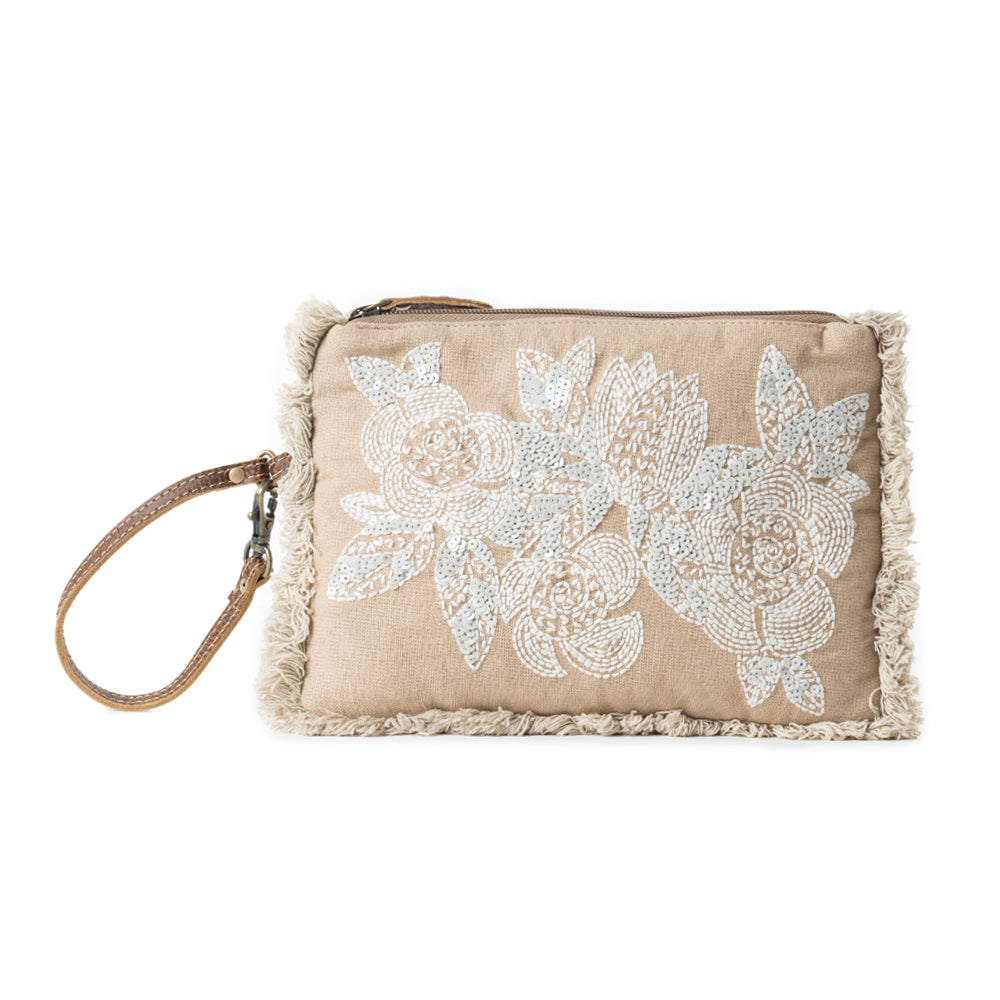Meadow Lace Embroided Pouch in Ivory Bloom