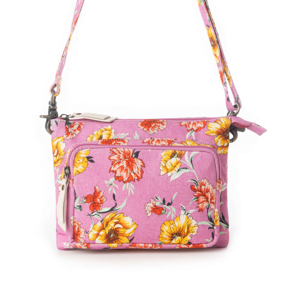 Myra Florabelle Crossbody Bag in Peach Summer with floral print in pink and yellow, perfect for summer outings.