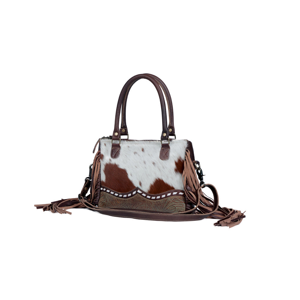 Myra Brown Freckles Concealed Carry Bag â€“ Hairon Leather with Fringe Detail and Tooled Trim, Dual Carry Western Tote