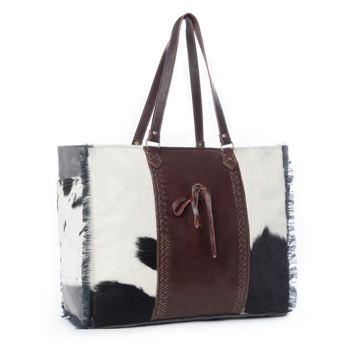 Myra Rosalinda Cross Stitched Hairon Leather Weekender Bag - Spacious Travel Tote with Stitch Trim and Durable Shoulder Straps