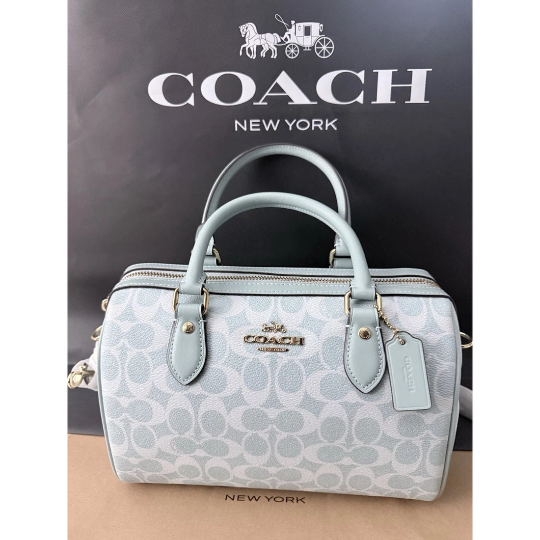 B6-002 NWT Coach Medium Rowan Satchel in Light Blue Signature Canvas, CEY39