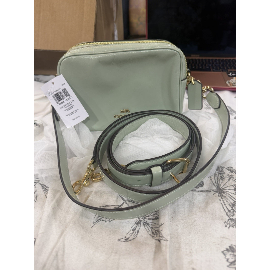 B3-008 Coach Mini Carey Crossbody Bag In Pistachio (Green) Glazed Leather