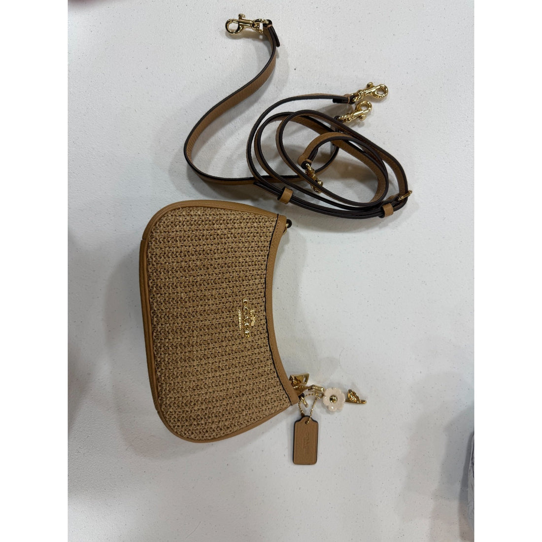 B2-017 NWT Coach Teri Mini Crossbody with Charms in Straw, Gold and Toast Leather CDW66