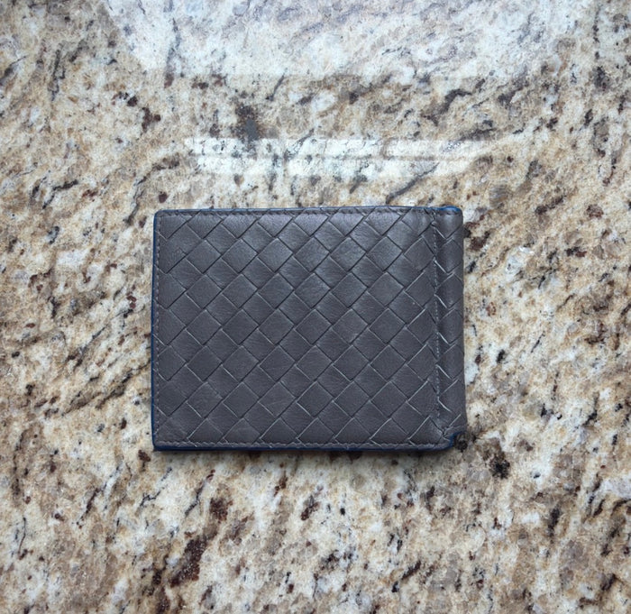 Bottega Veneta Intrecciato Gray Blue Leather Bifold Money Clip Wallet