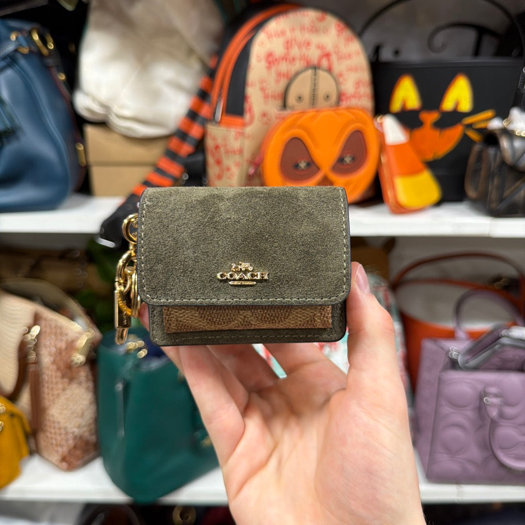 Coach Klare bag charm army green suede front