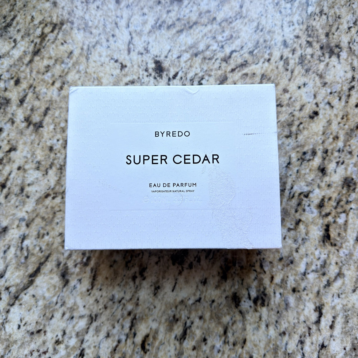 Byredo Super Cedar outer box front with scuffing