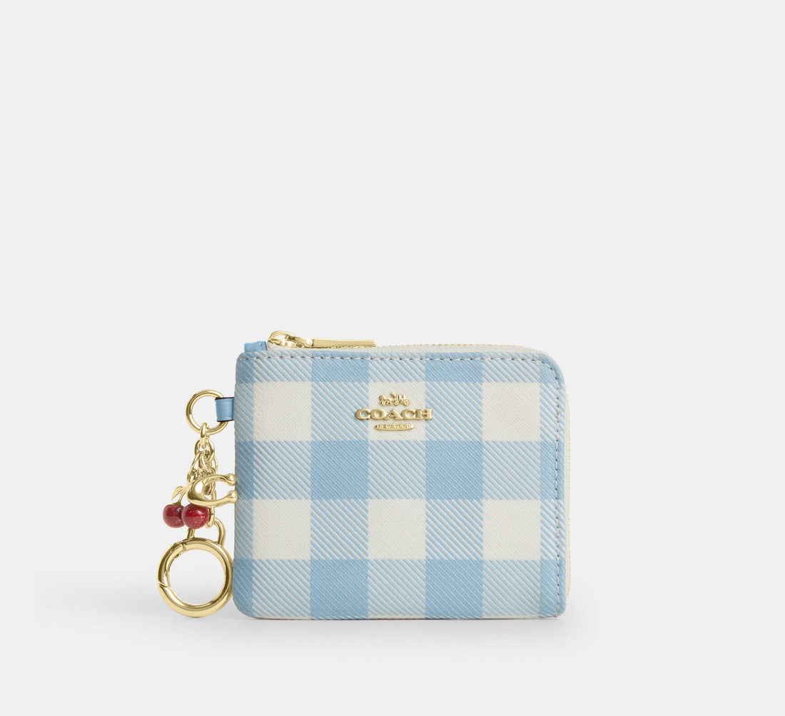 Coach CEU99 Small Corner Zip Wallet with Gingham Print and Charms Blue