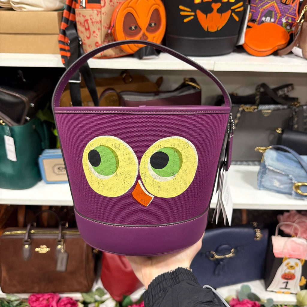 Coach Trick or Treat Bucket with Halloween Owl CCE03 Plum stock photo