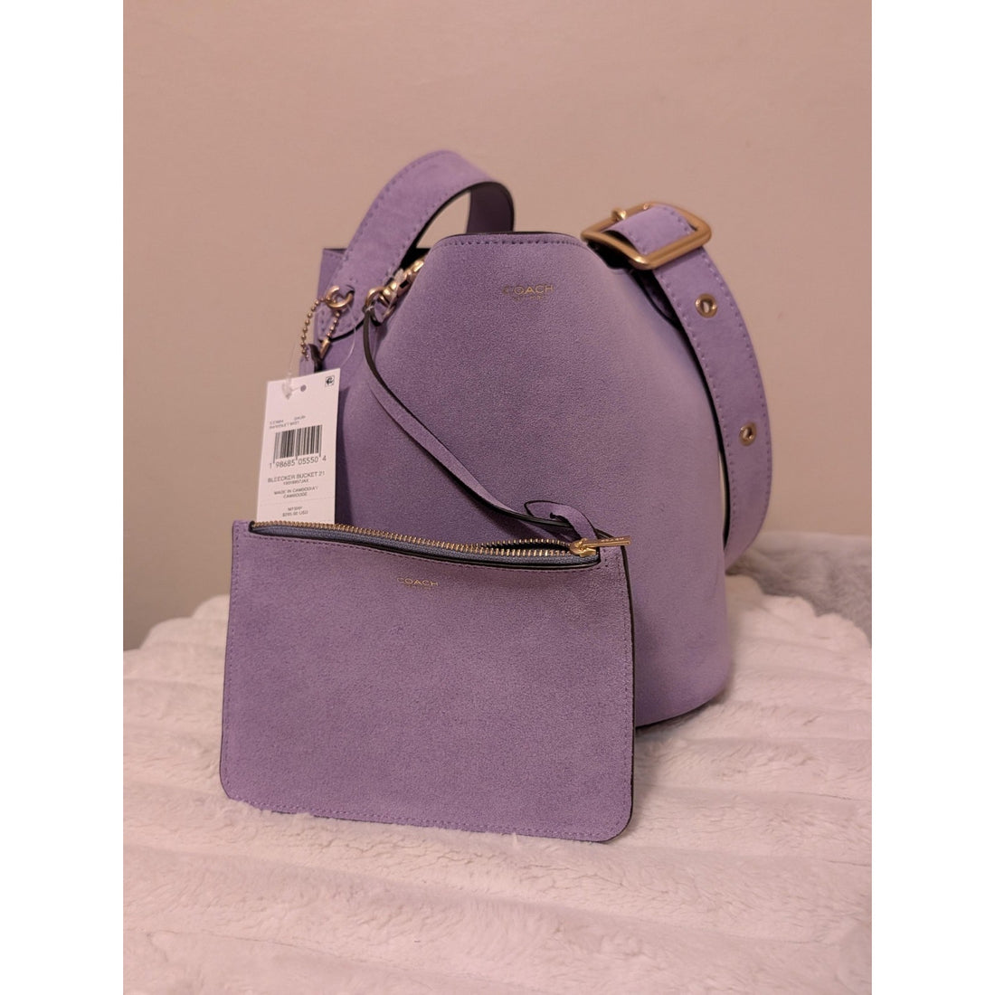 B1-001 Coach Bleecker Bucket Bag 21 Crossbody in Suede Violet Mist CCW84 + Pouch