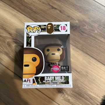 Funko Pop A Bathing Ape Baby Milo #18 Flocked BAIT Exclusive front of box