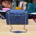 Gucci Emily Large navy Guccissima leather chain shoulder bag front with horsebit and tassels