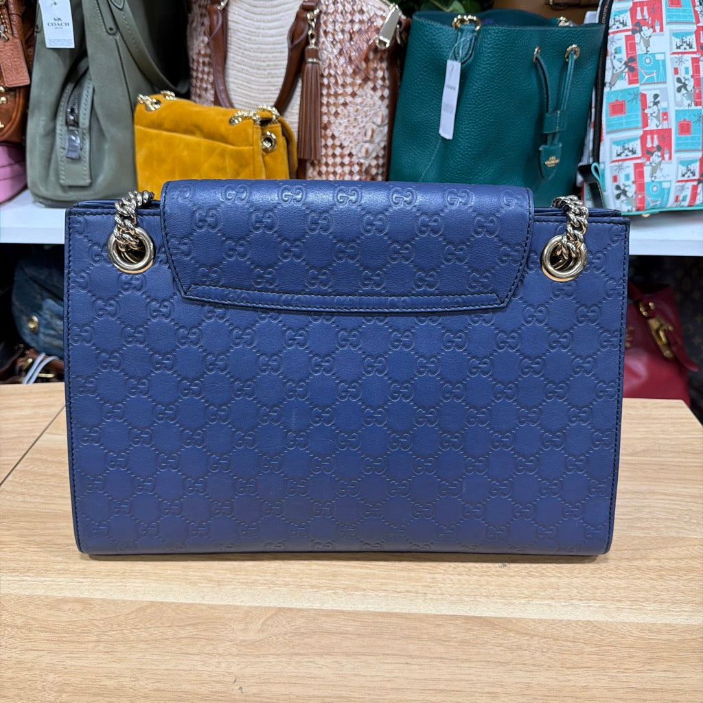 Gucci Emily Large navy Guccissima leather chain shoulder bag front with horsebit and tassels