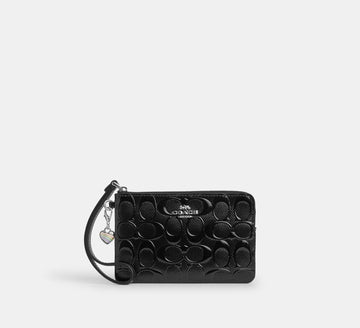 Coach CDY96 Corner Zip Wristlet Signature Patent Leather Heart Charm Black
