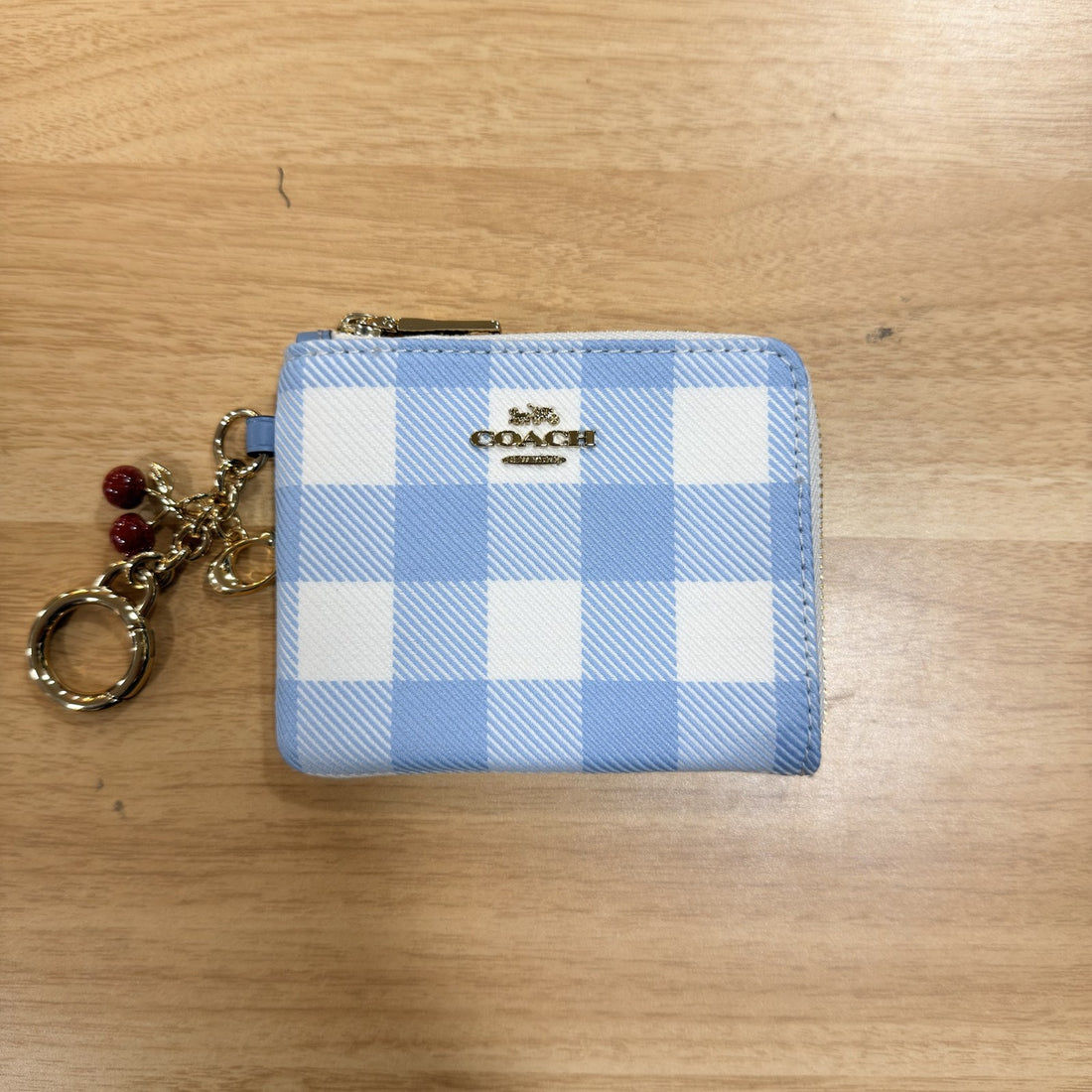 Coach CEU99 Small Corner Zip Wallet with Gingham Print and Charms Blue