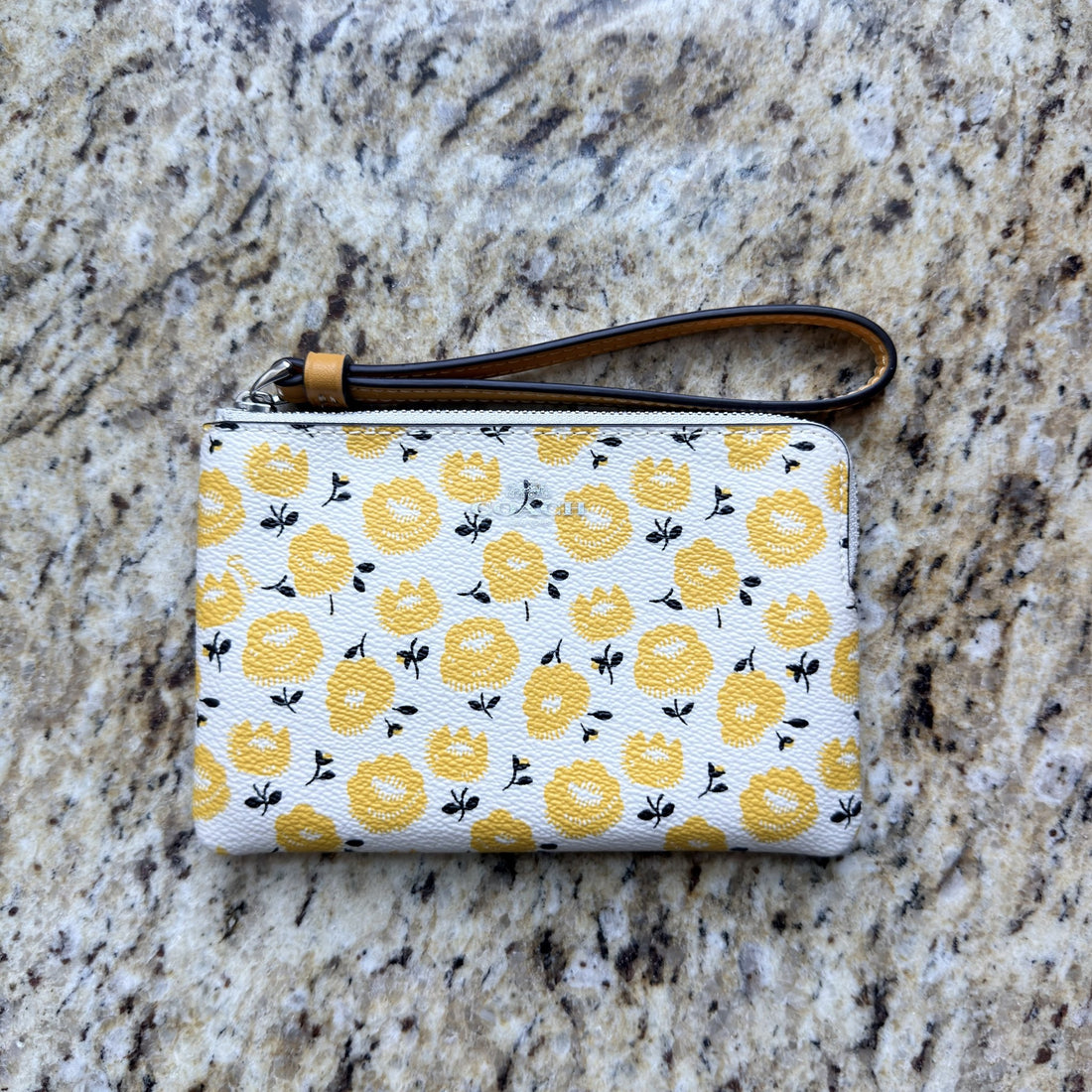 Coach corner zip wristlet yellow floral print chalk front