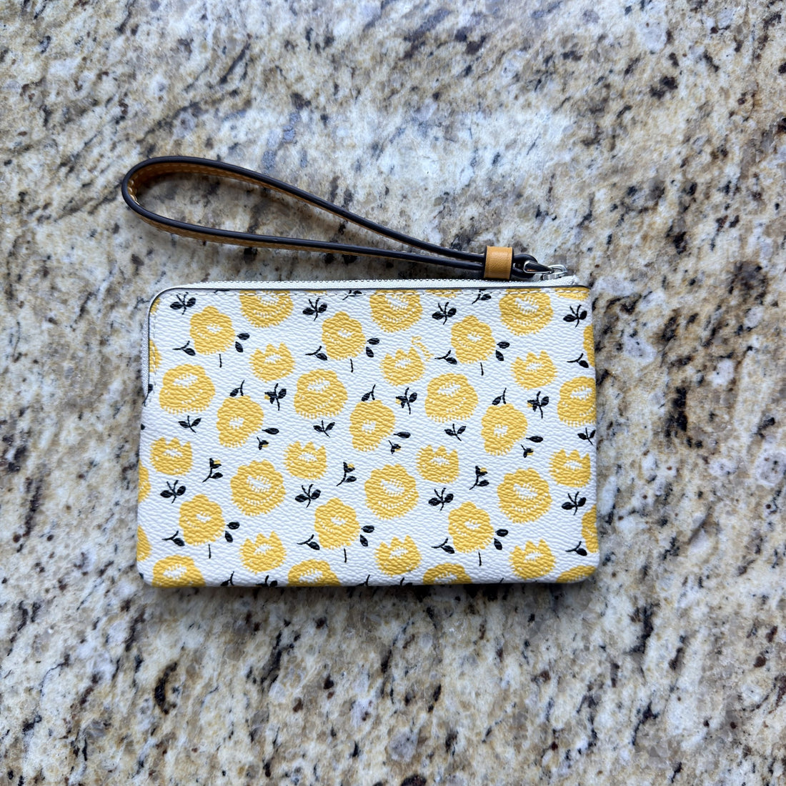 Coach corner zip wristlet yellow floral print chalk front