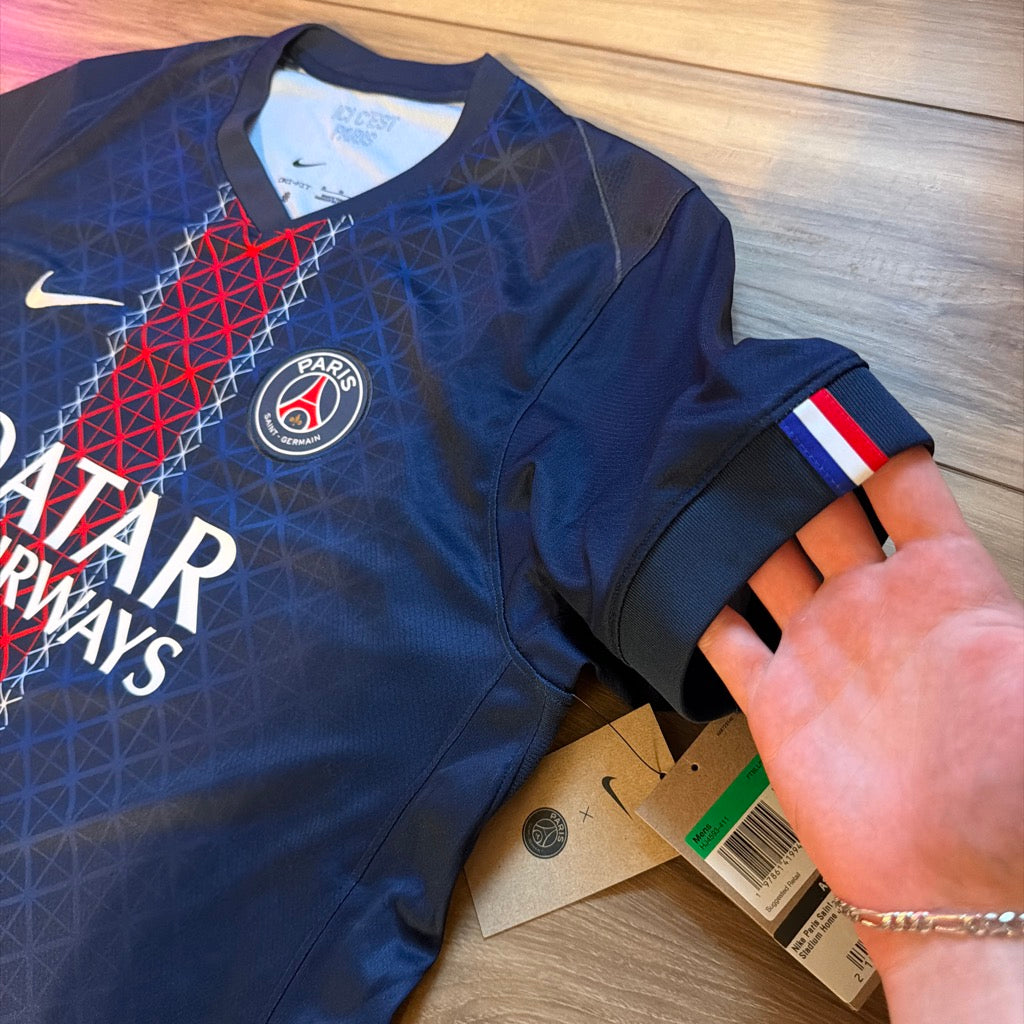 Nike PSG jersey sleeve tricolor cuff detail with Nike hangtags attached